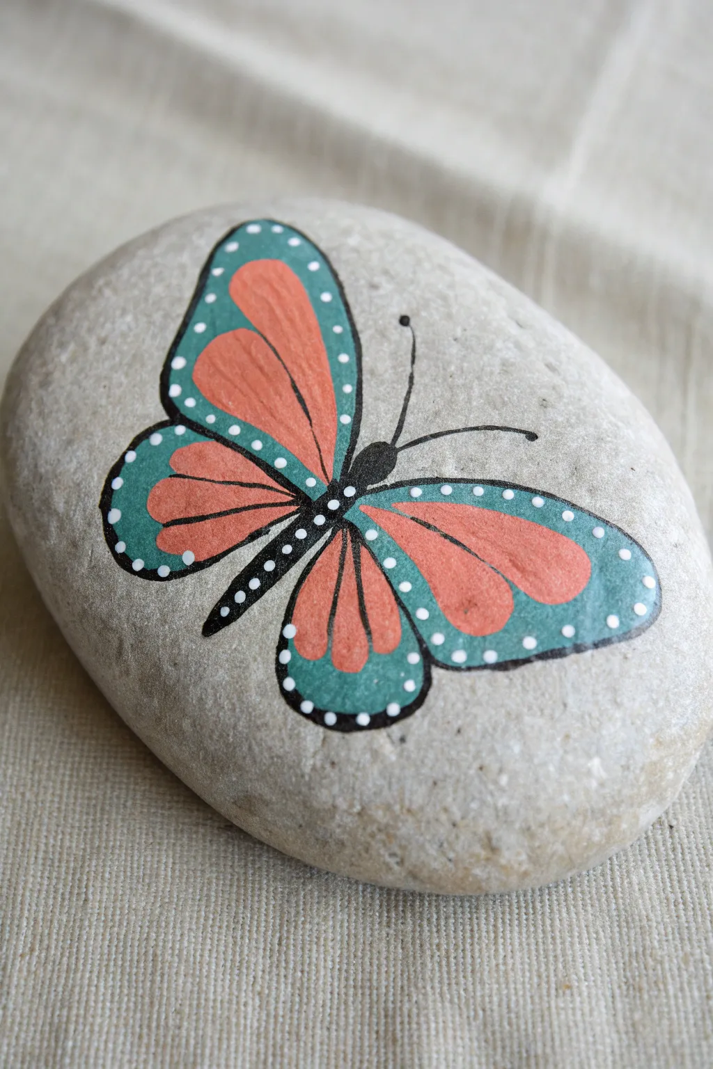 Dotted flight trail butterfly rock painting, minimal boho colors that feel playful and easy to recreate