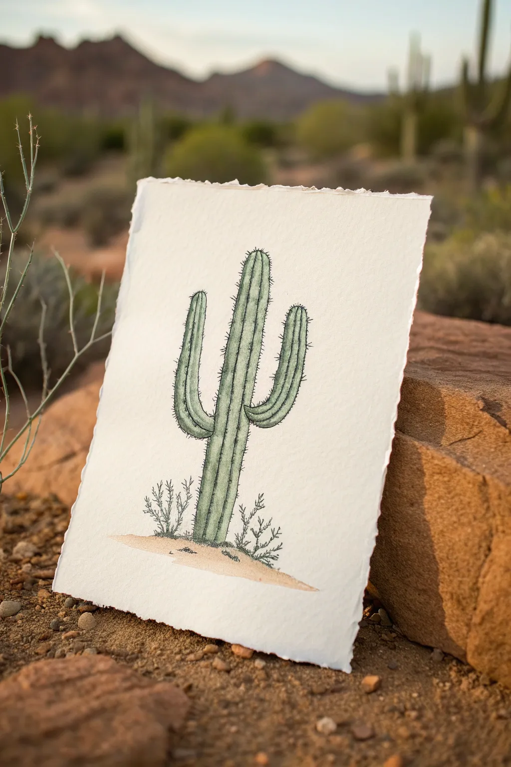 Crisp ink cactus with soft watercolor greens and warm sandy washes for minimalist boho charm
