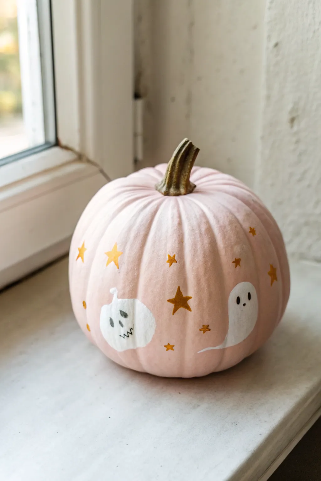 Pastel pumpkin with sweet white ghosts and tiny star dots for a minimalist-boho Halloween vibe