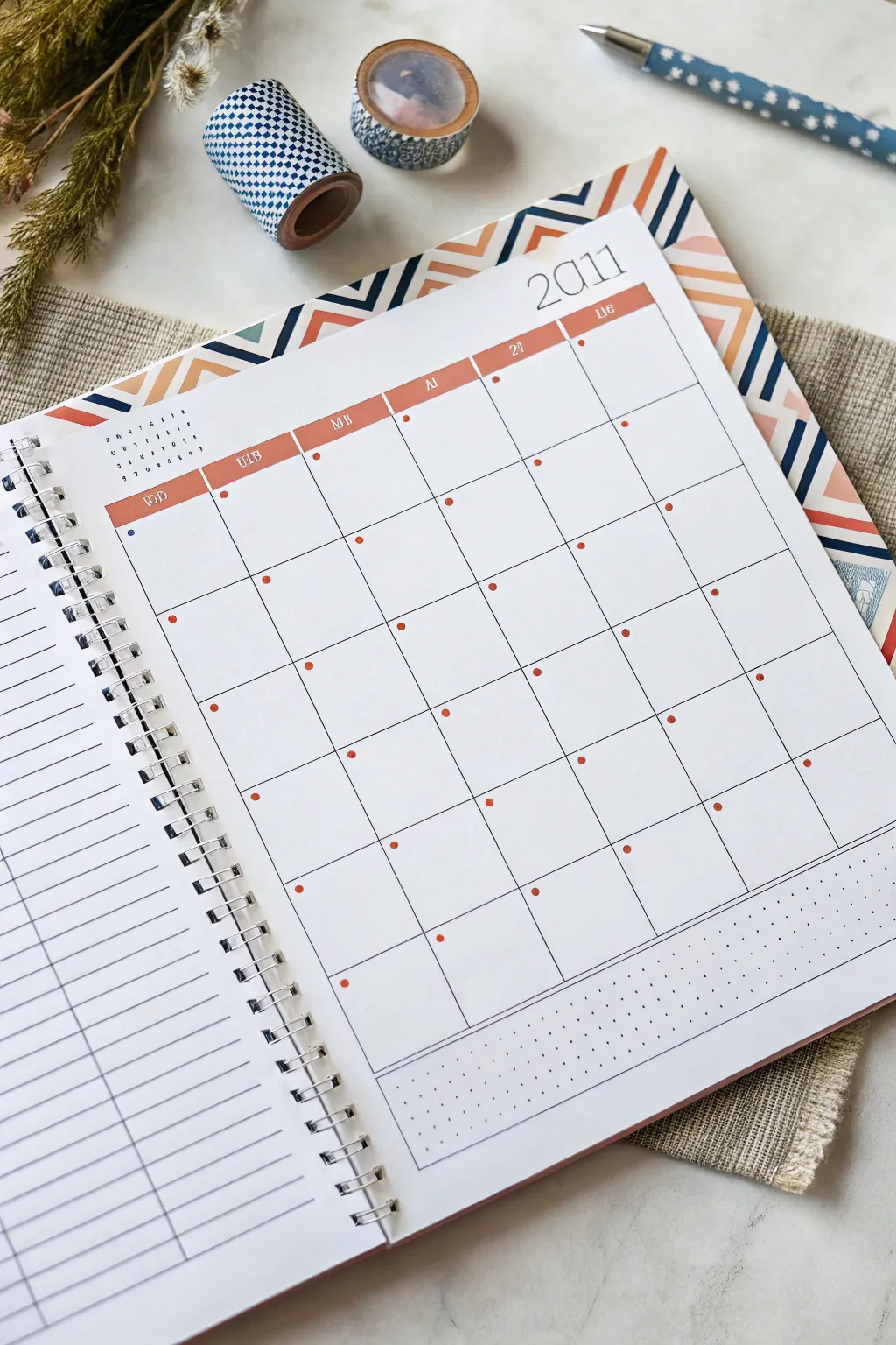 Minimal calendar doodle idea: washi tape divider strips with clean patterns and bold contrast