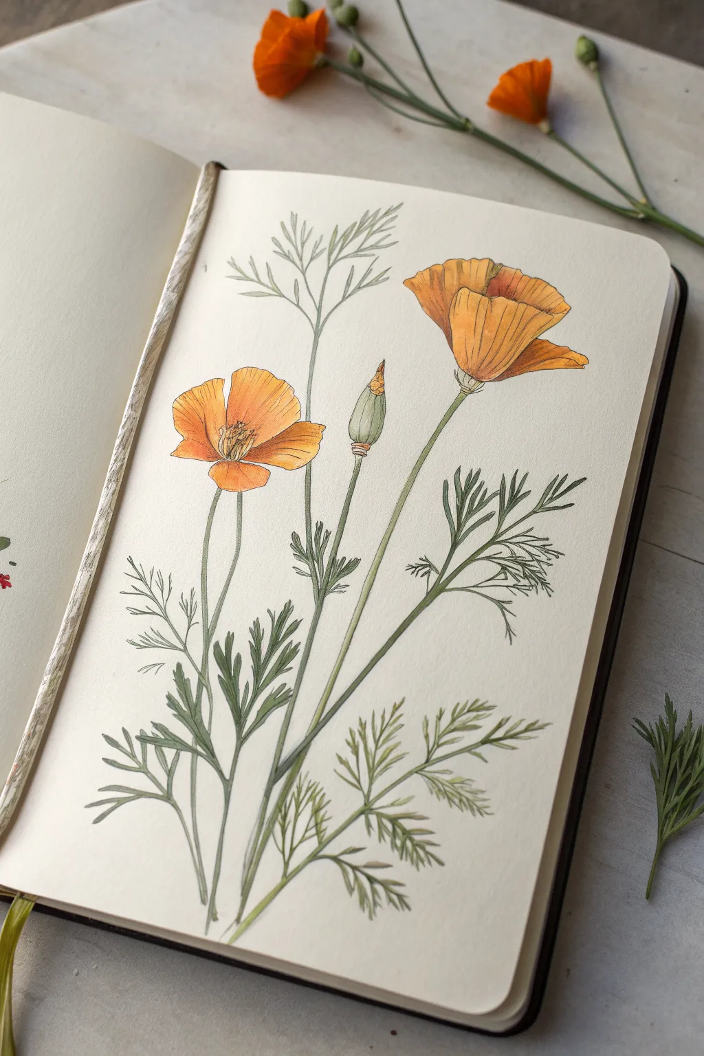 Delicate California poppy botanical sketch with bold orange blooms on crisp white paper.
