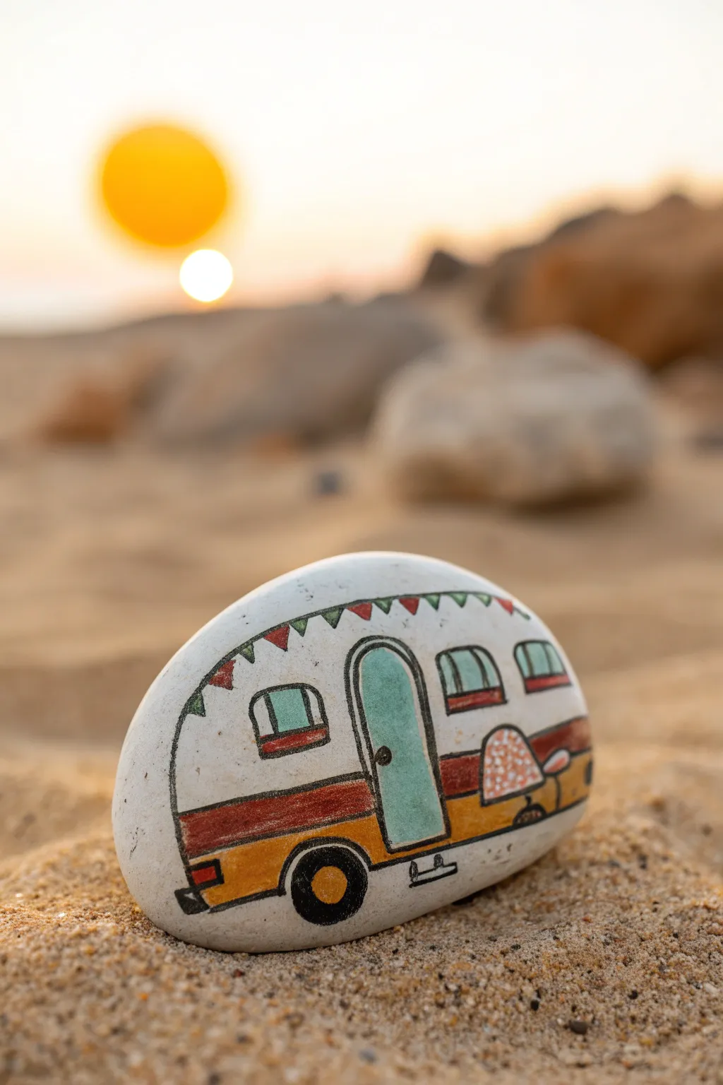 Desert camper rock painting in warm sand tones with a bold sun, minimalist boho vibes