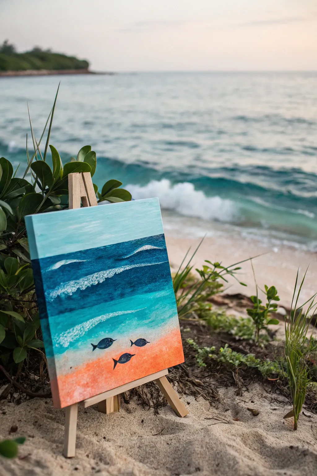 Easy underwater canvas board: layered blues, fish silhouettes, simple coral and bubble dots