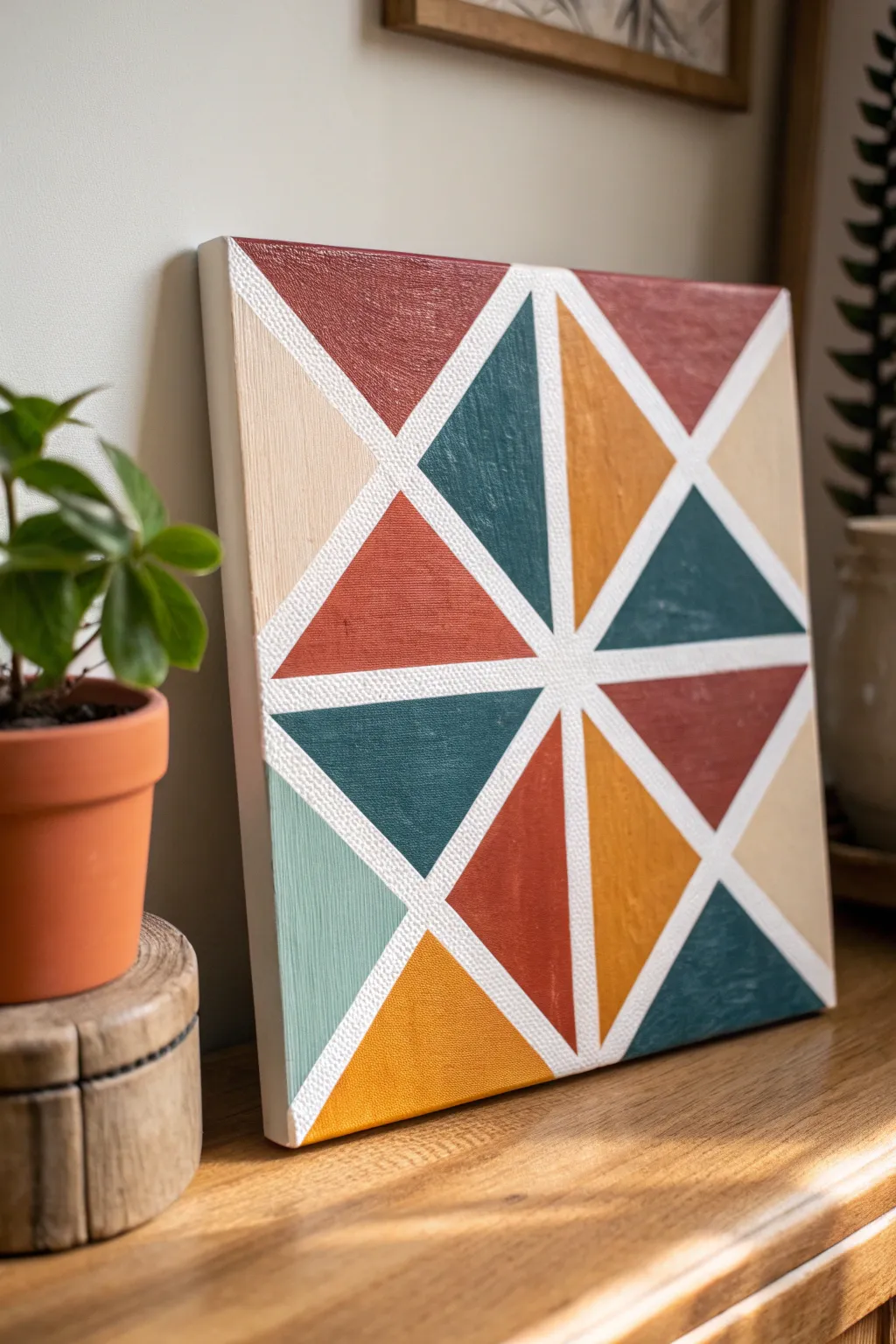 Tape-resist triangles in bold boho hues with crisp white lines for a clean minimalist canvas look.