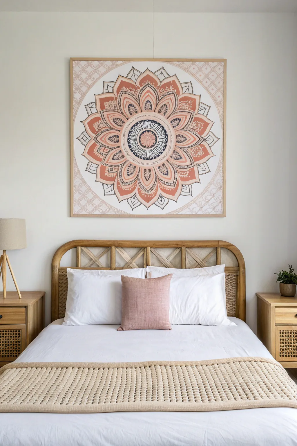 Blush mandala circle canvas above the bed for a cozy Scandinavian boho focal point