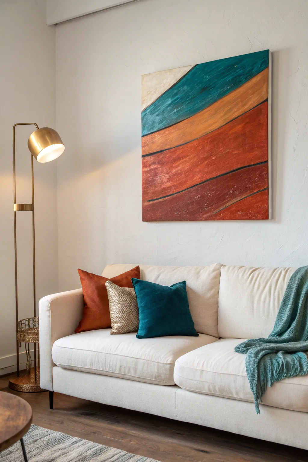 Light-catching palette-knife impasto canvas brings bold color and tactile texture above the sofa