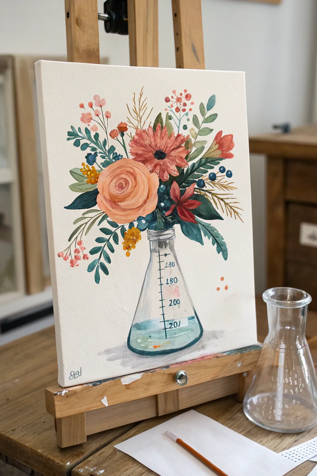 Science-meets-pretty: a beaker flower bouquet canvas idea teachers will love to paint