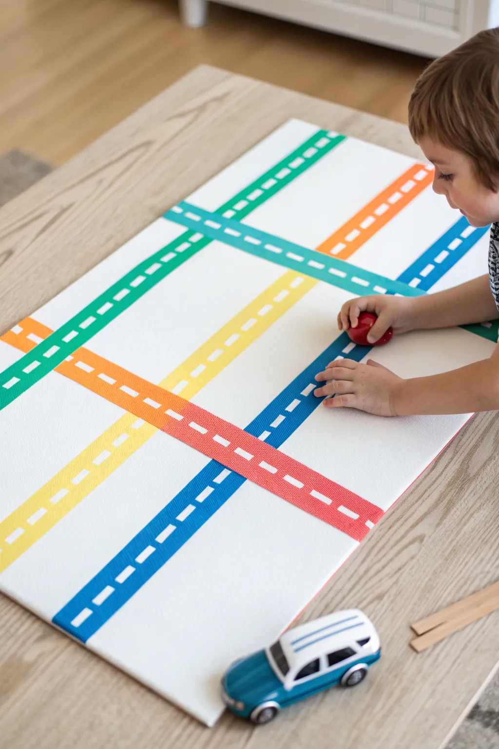 Bold wheel-track canvas art with toy cars, an easy toddler painting activity that looks so cute