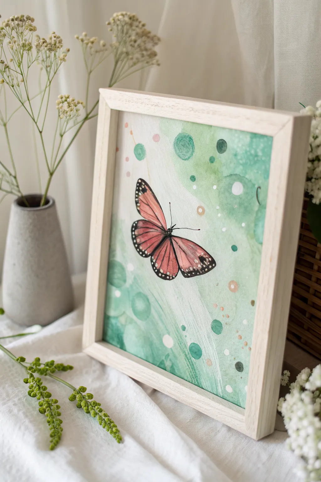 Bold butterfly on a soft green bokeh canvas, minimalist Scandinavian style with a boho pop
