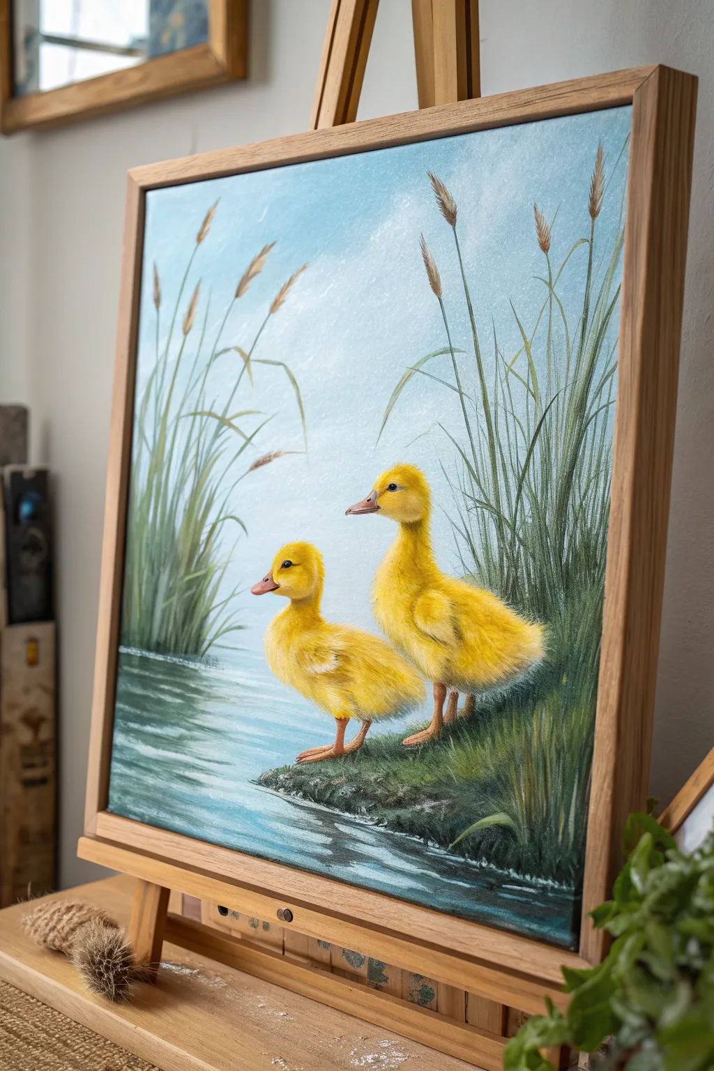 Bright ducklings on a minimalist canvas, bold yellow popping against calm pond ripples and reeds.