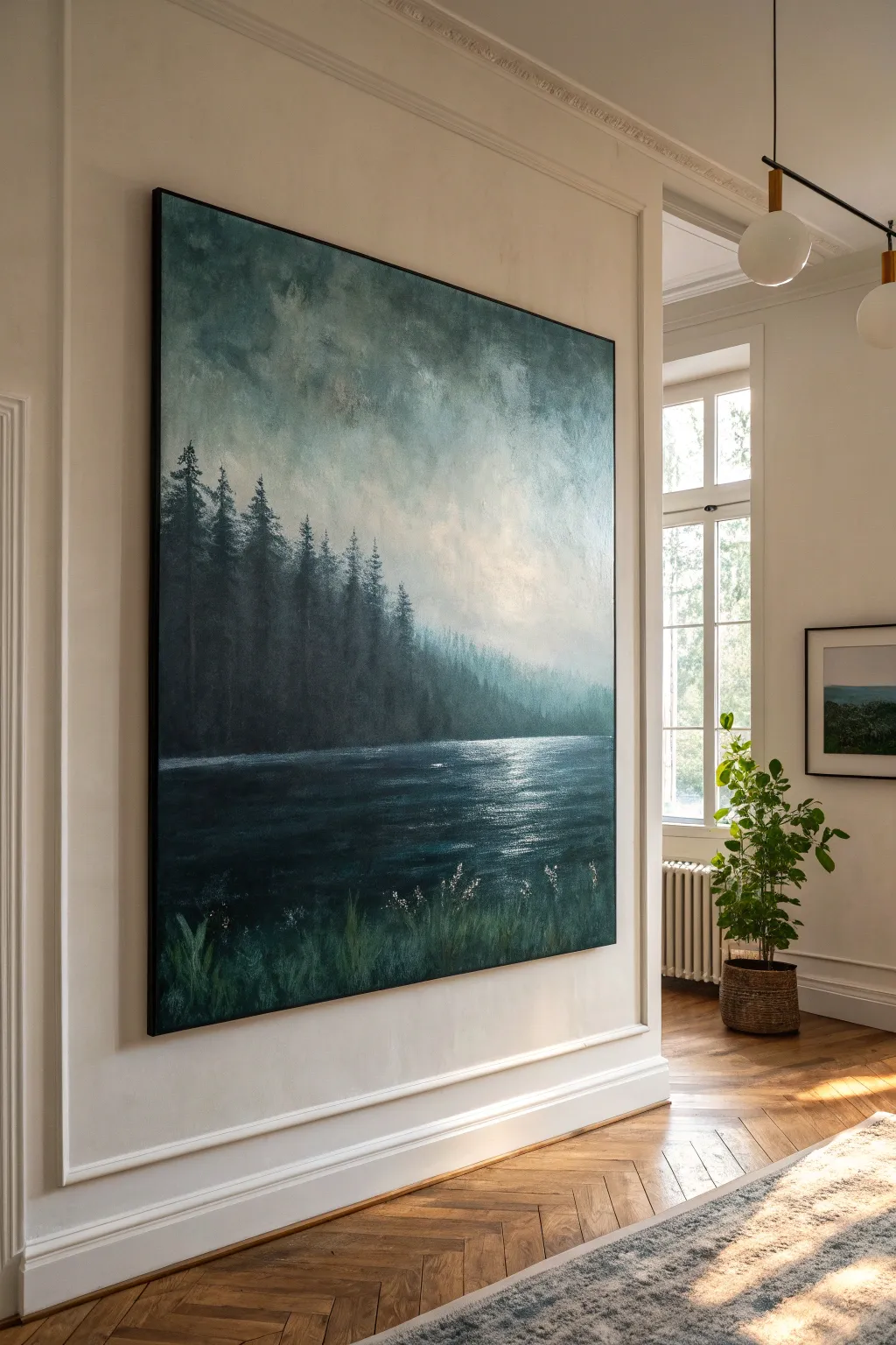 Moody color-wash canvas in navy, forest, and charcoal tones for cozy minimalist drama.