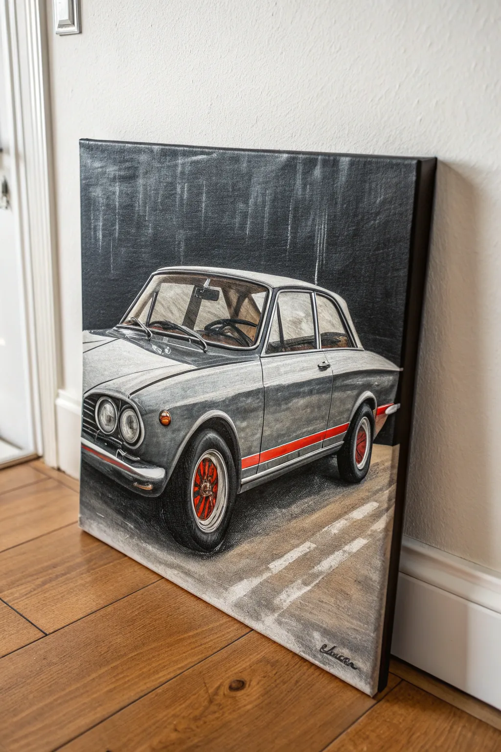 Grayscale car canvas with one bold coral accent for a minimalist, modern statement