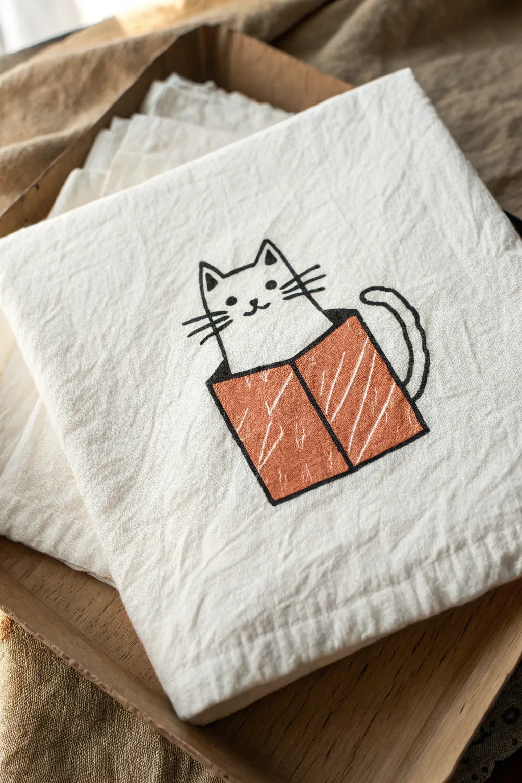 Minimal cat-in-a-box doodle with bold terracotta pop, clean lines, and cozy handmade vibes