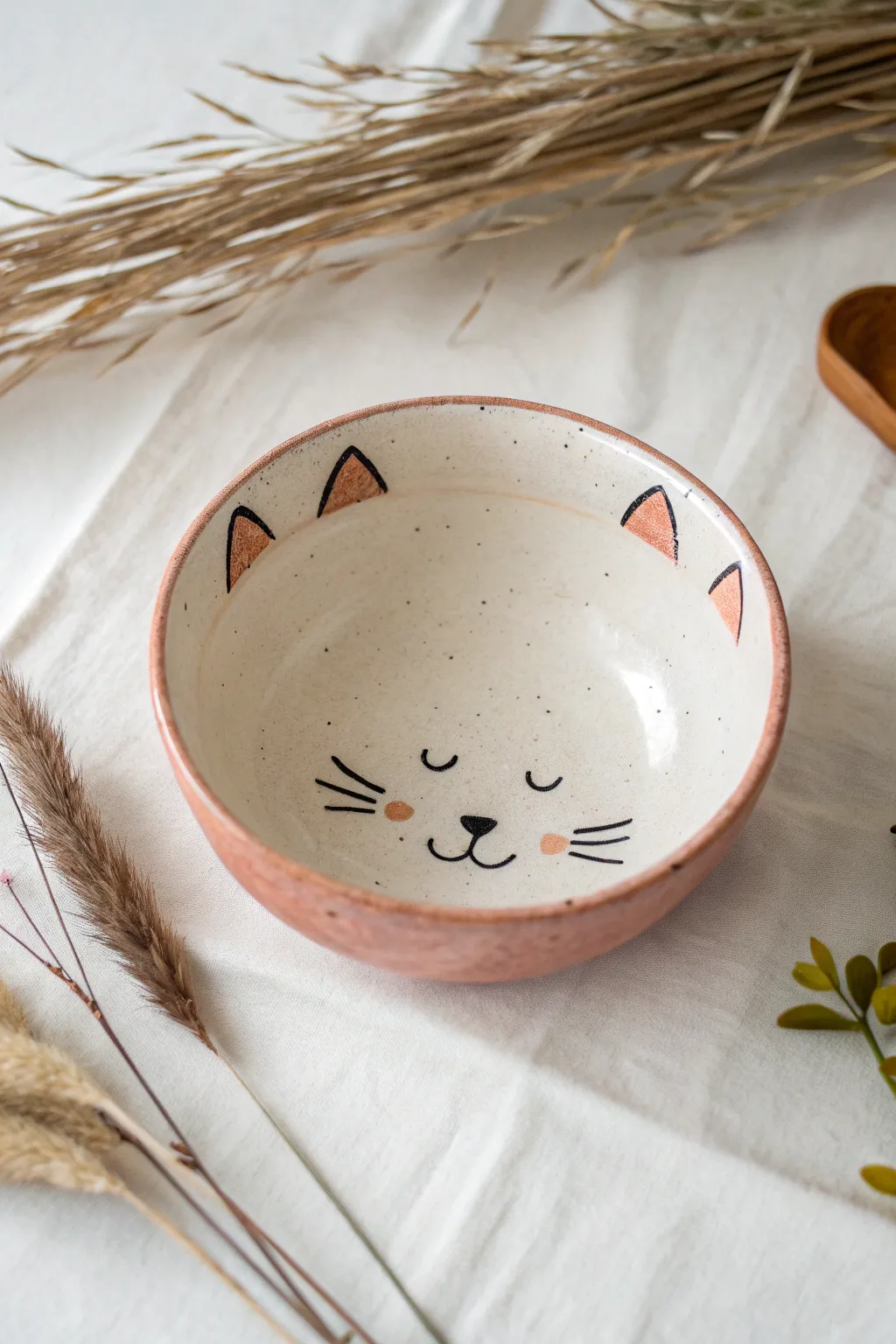 Minimal cat ears on the rim, sweet cat face inside, bold yet simple pottery painting idea