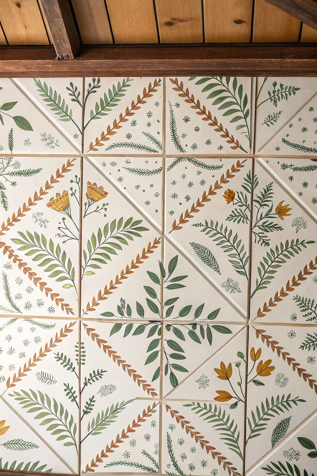 Botanical ceiling tiles with ferns, vines, and minimal florals in bold, calming contrast