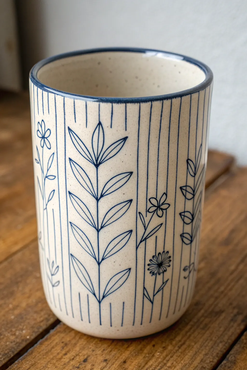 Crisp Mishima inlay lines on a handmade cup, minimalist form with bold graphic contrast.