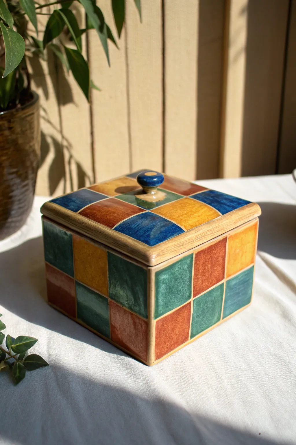 Crisp tape-resist color blocks give a ceramic lidded box a bold, modern, handcrafted look.
