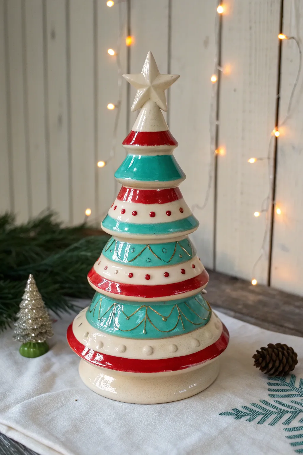 Retro color-block ceramic tree in bold teal, cream, and red for a playful minimalist holiday look