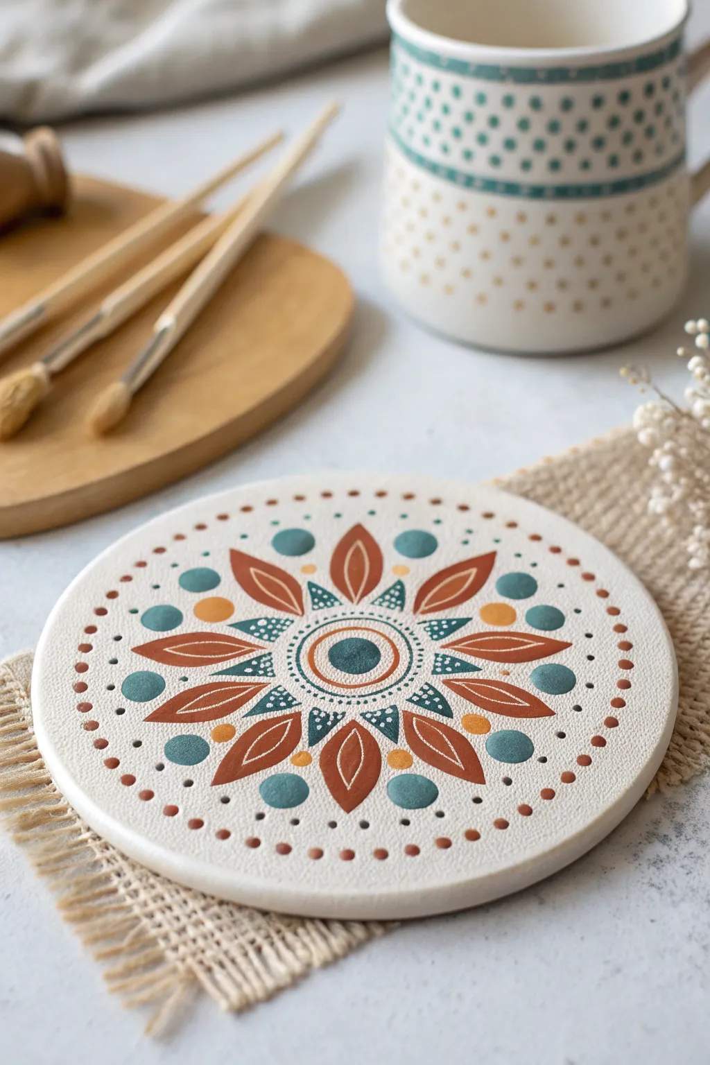 Dot mandala ceramic coaster centerpiece in bold earthy hues, minimalist boho craft vibes