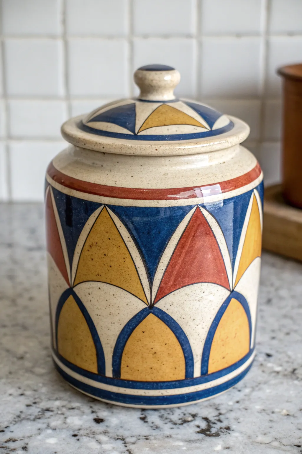 Bold geometric color-block ceramic cookie jar with crisp lines for a modern minimal boho kitchen