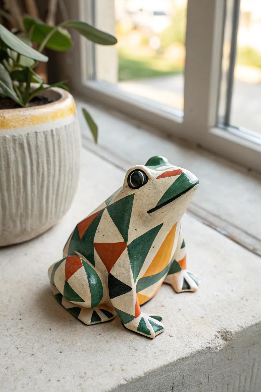 Modern geometric color-blocked ceramic frog in bold hues for a chic minimalist vibe.