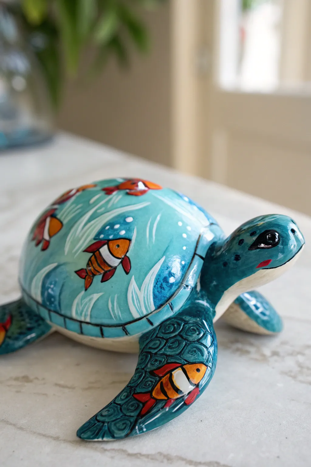Koi pond shell illusion on a ceramic turtle, rippling blues with bold orange koi highlights