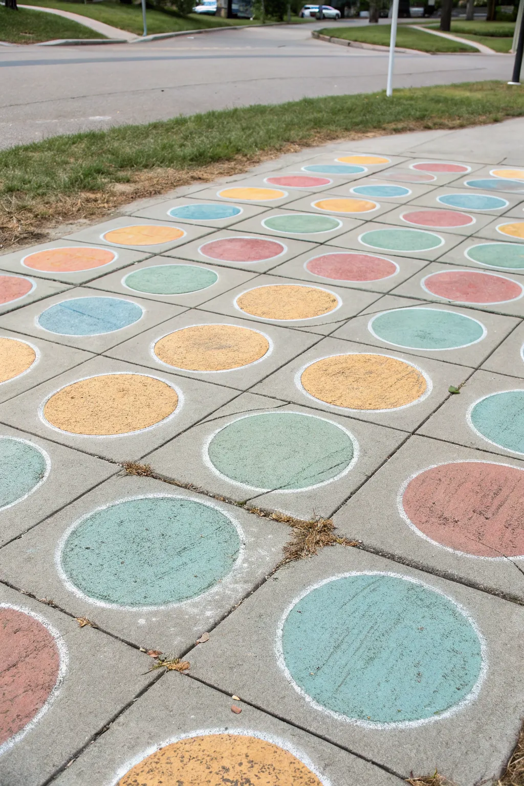 Colorful chalk twister dots turn plain pavement into a minimalist, boho game board for kids.