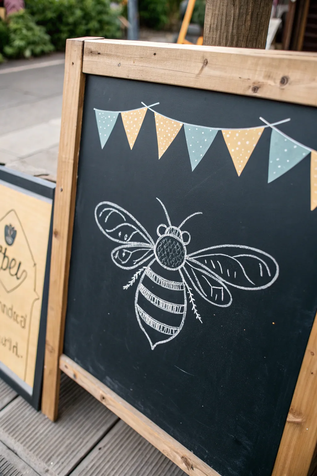 Easy bee line art on a chalkboard with a blank label banner, minimalist and bold