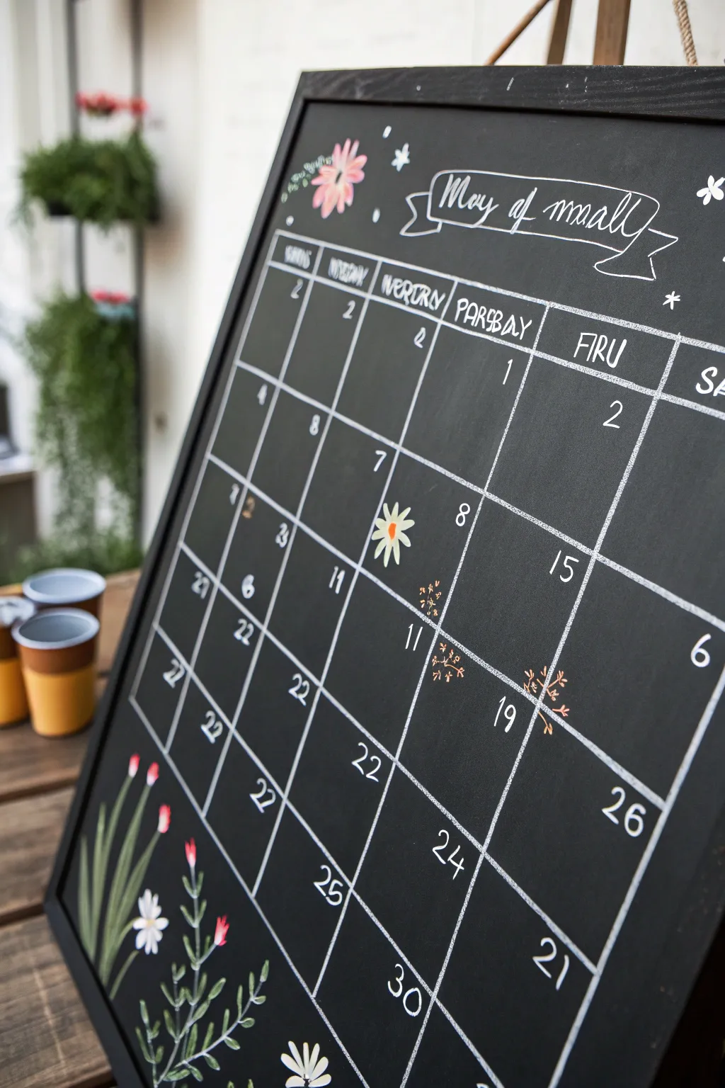 Minimal chalkboard calendar with tiny chalk marker doodles in bold boho Scandinavian colors