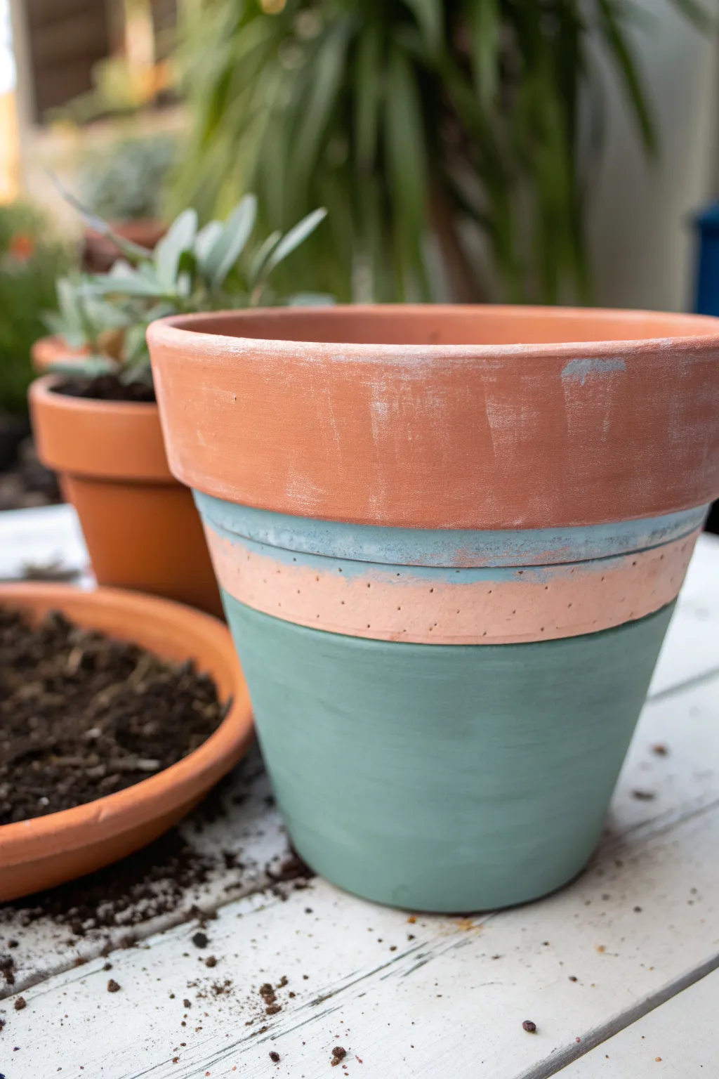 Soft vintage garden vibes with a half-painted chalk terracotta pot in muted matte tones.