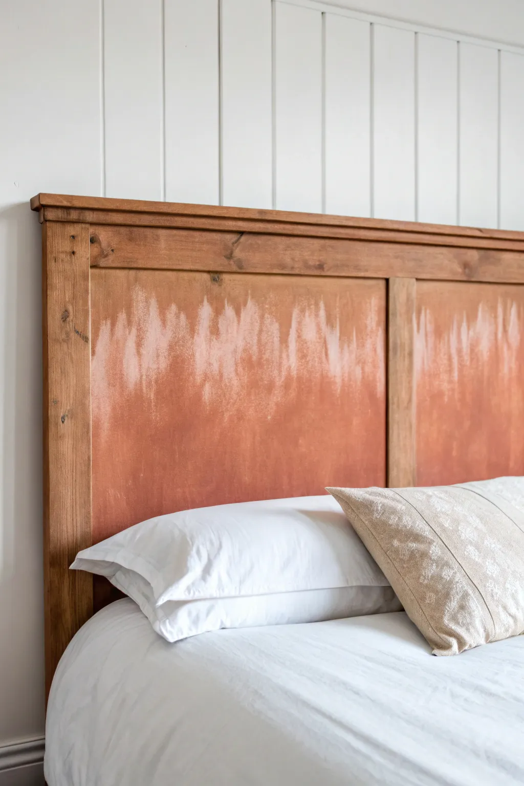 Ombre chalk-painted headboard fade in warm terracotta to blush for a dreamy minimal boho look