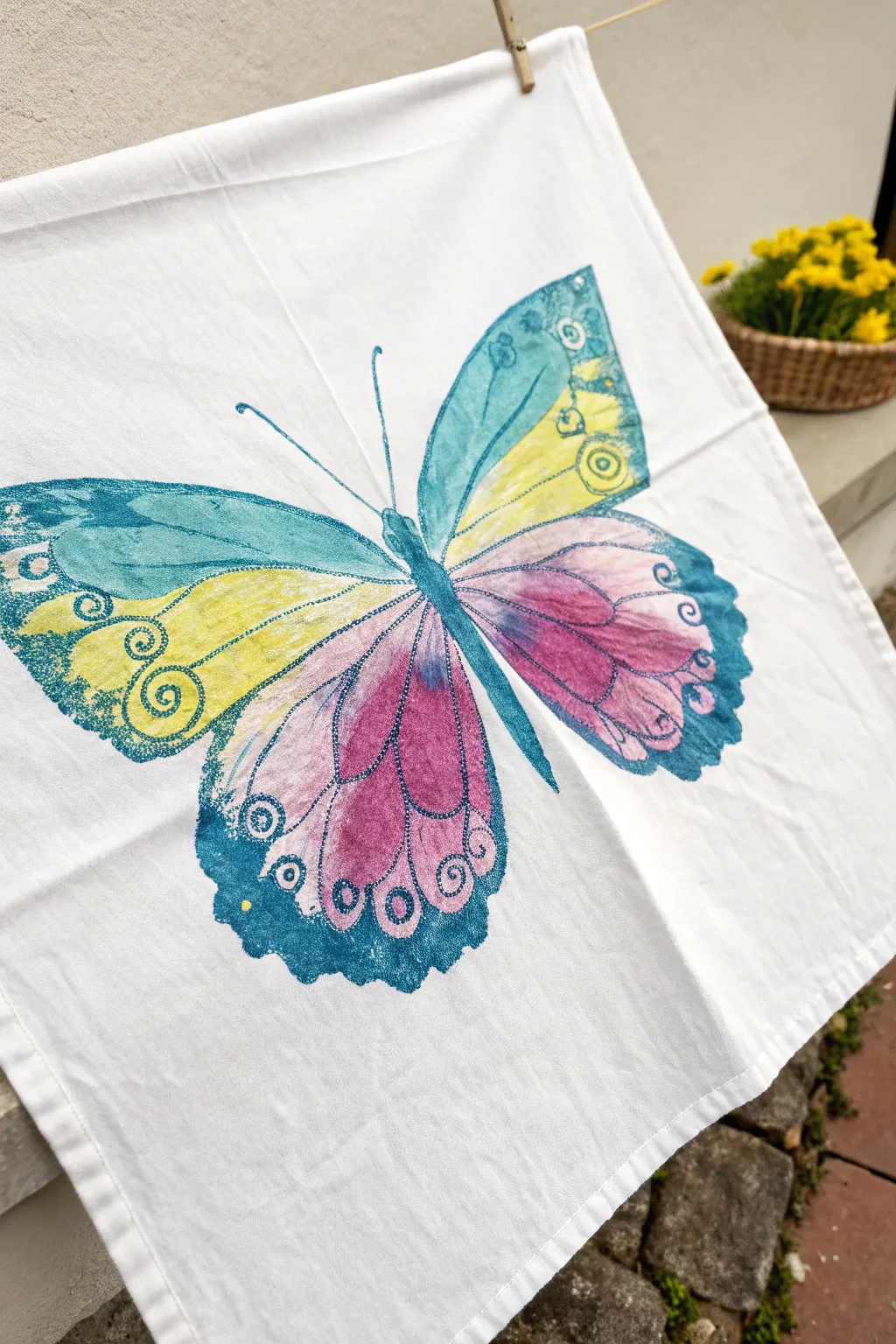 Vibrant chalk pastel butterfly symmetry print with dreamy finger-smudged details.