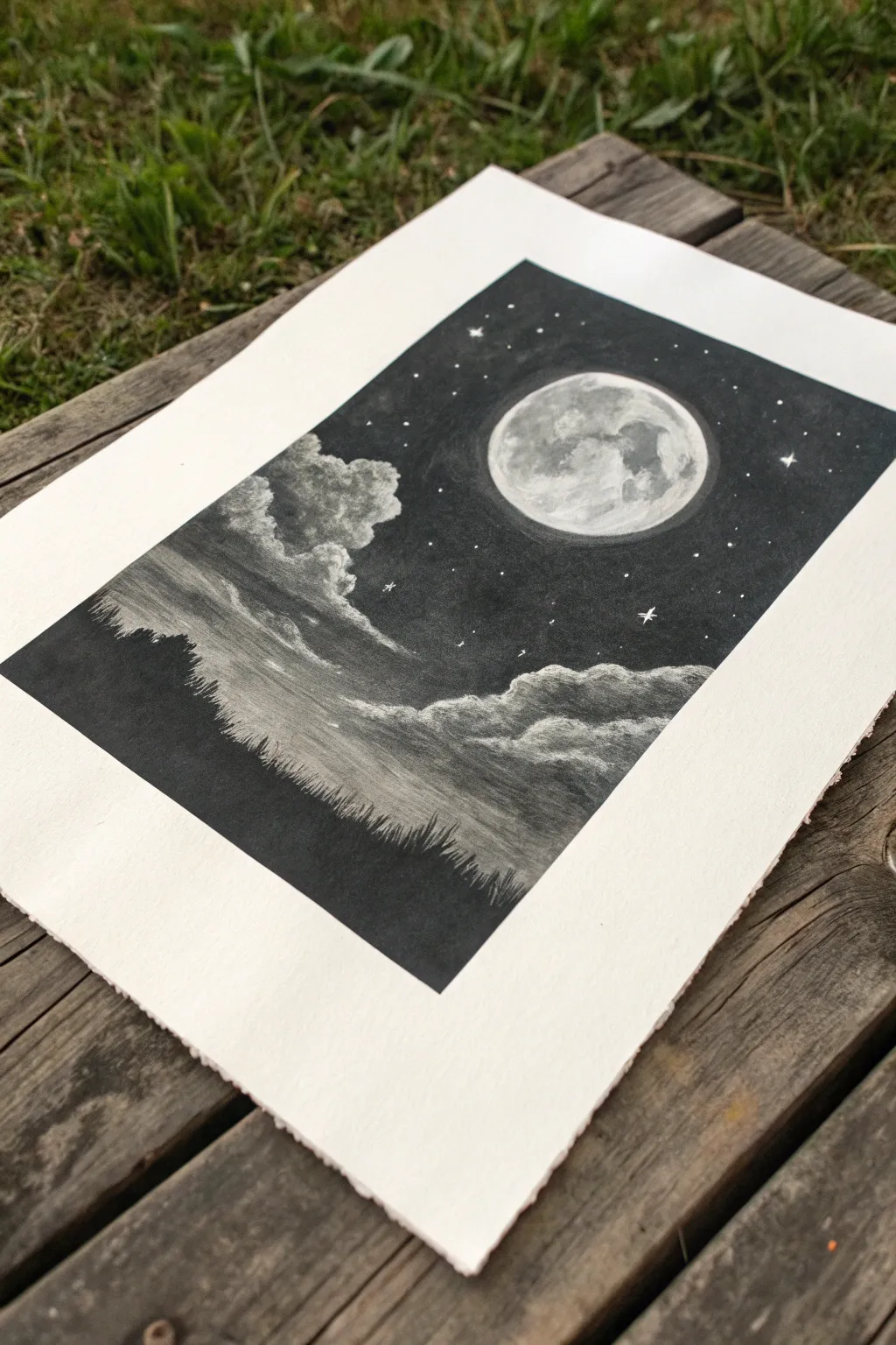 Moonlit charcoal sky: bold blacks, soft clouds, and a crisp paper moon to draw tonight