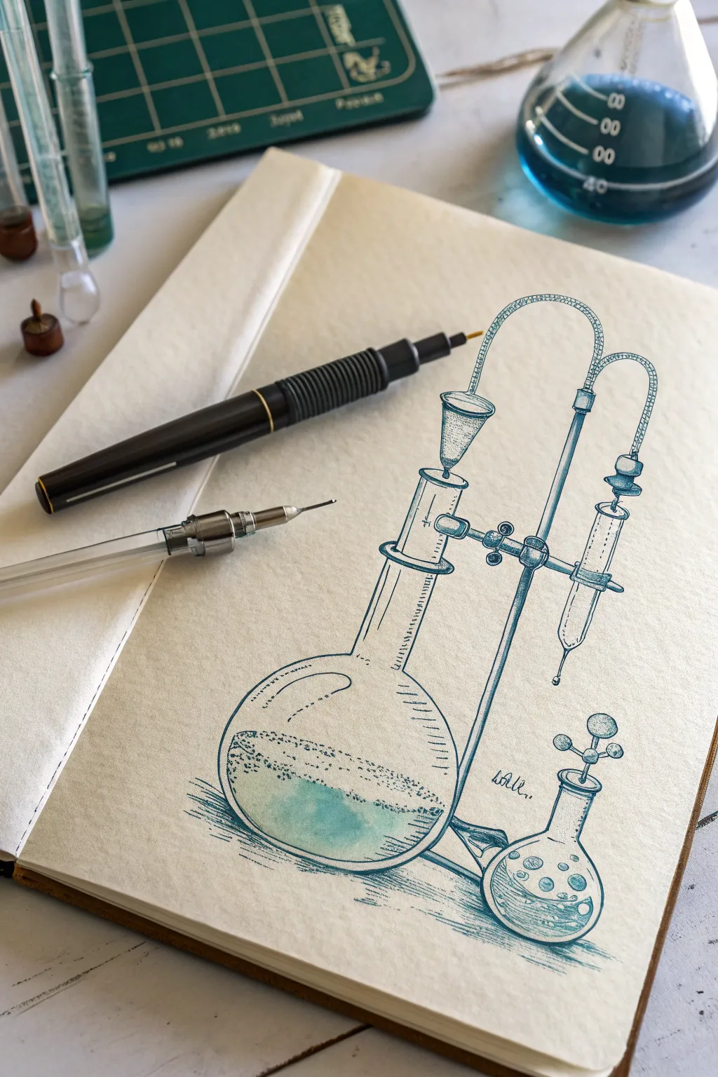 Minimal ink-and-wash chemistry apparatus blueprint for chic, modern chemistry painting inspiration