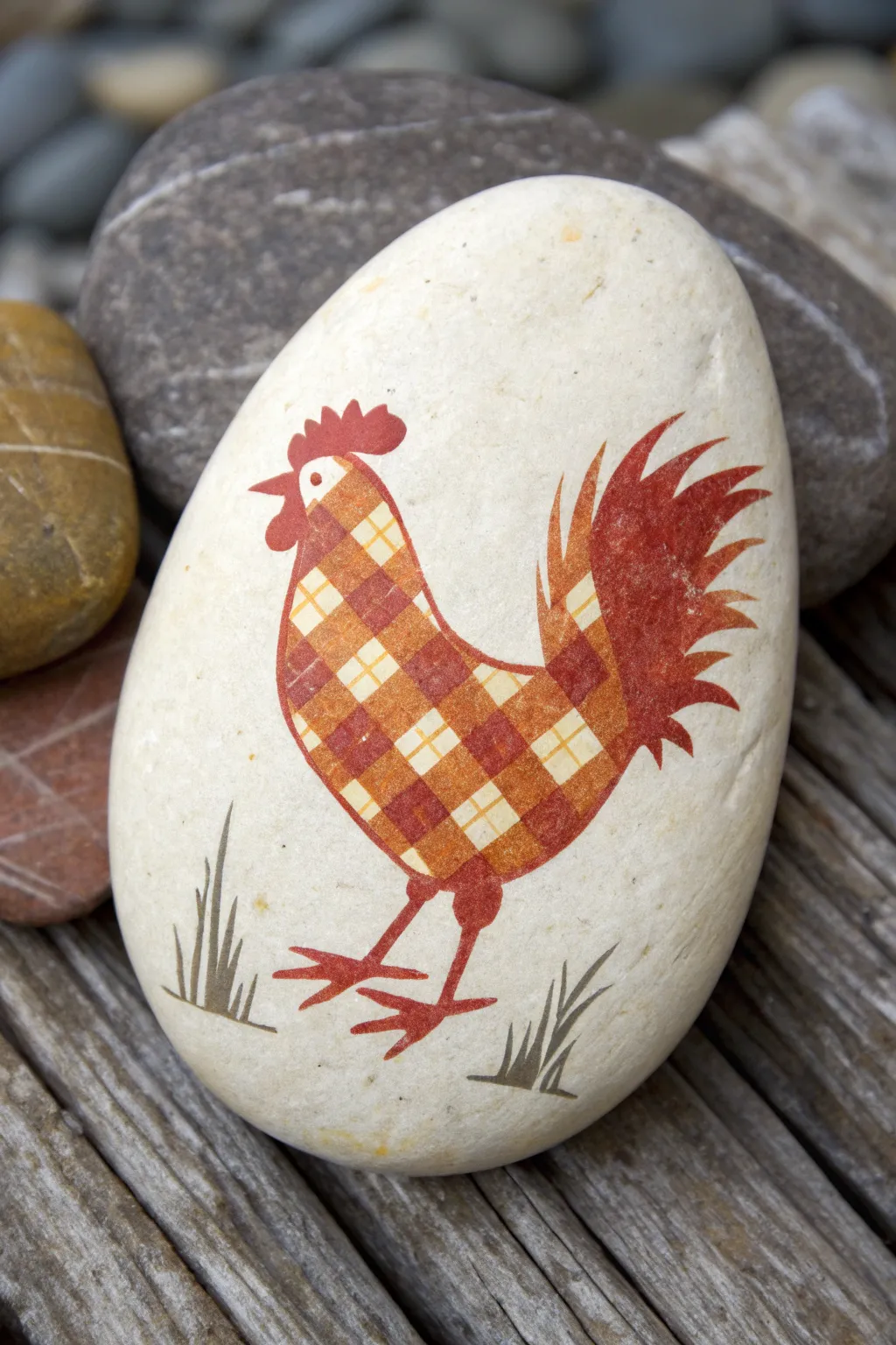 Farmhouse plaid chicken rock painting with bold coral comb and cozy Scandinavian contrast