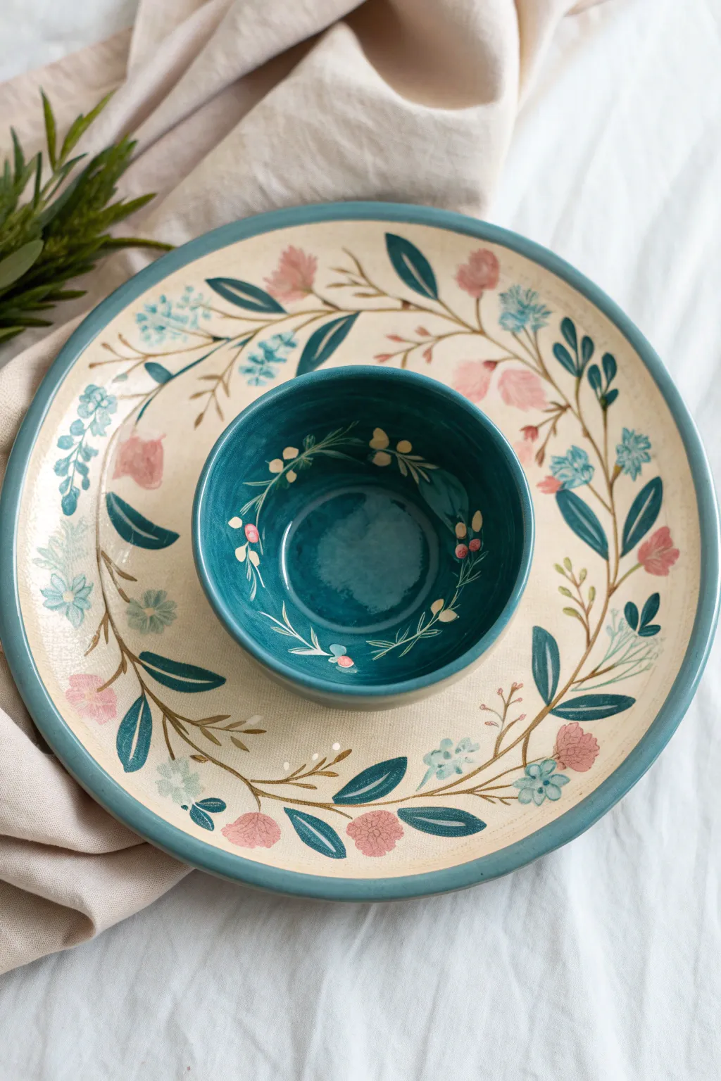 Floral wreath chip and dip bowl with a bold pop-color center for a fresh handmade look