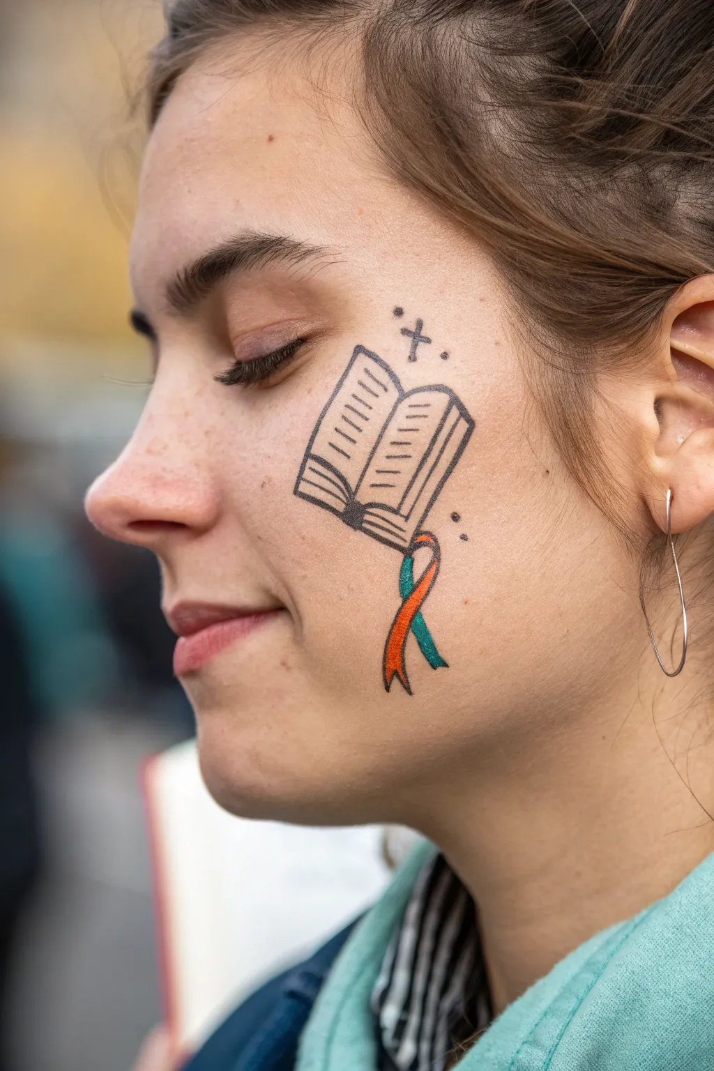 Tiny open Bible with ribbon bookmark cheek art in bold boho colors, clean minimalist style