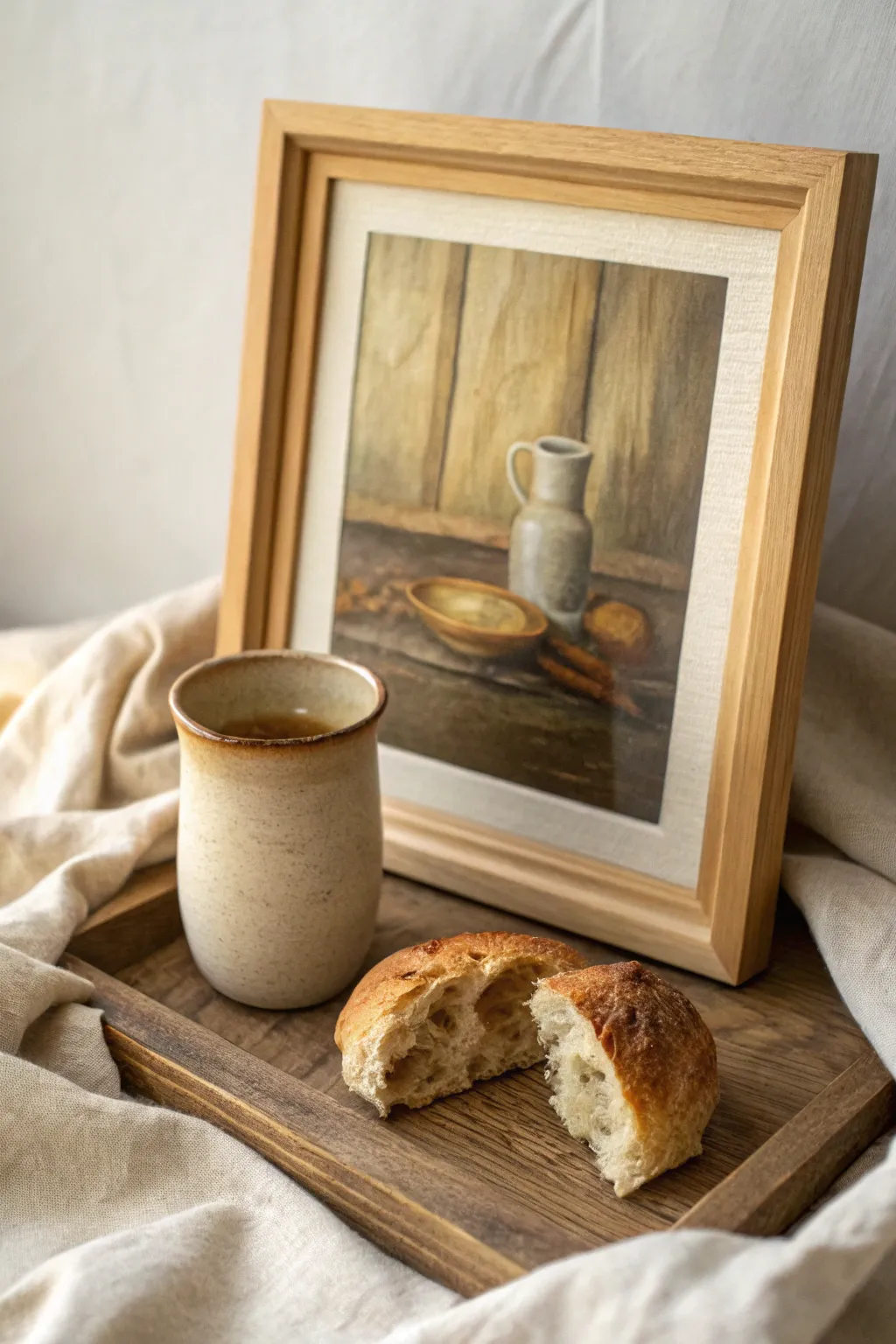 Minimal communion still life painting idea with bread and cup in warm, high-contrast tones