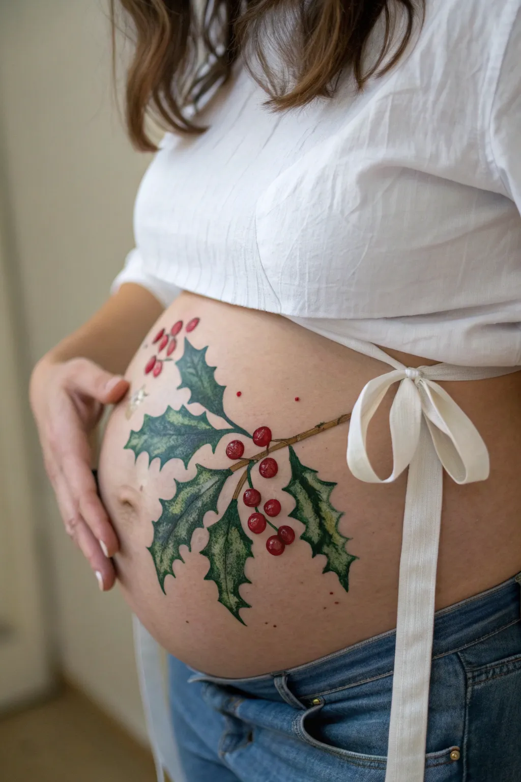 Mistletoe centered on the belly button with airy ribbon tails for a minimalist Christmas bump look