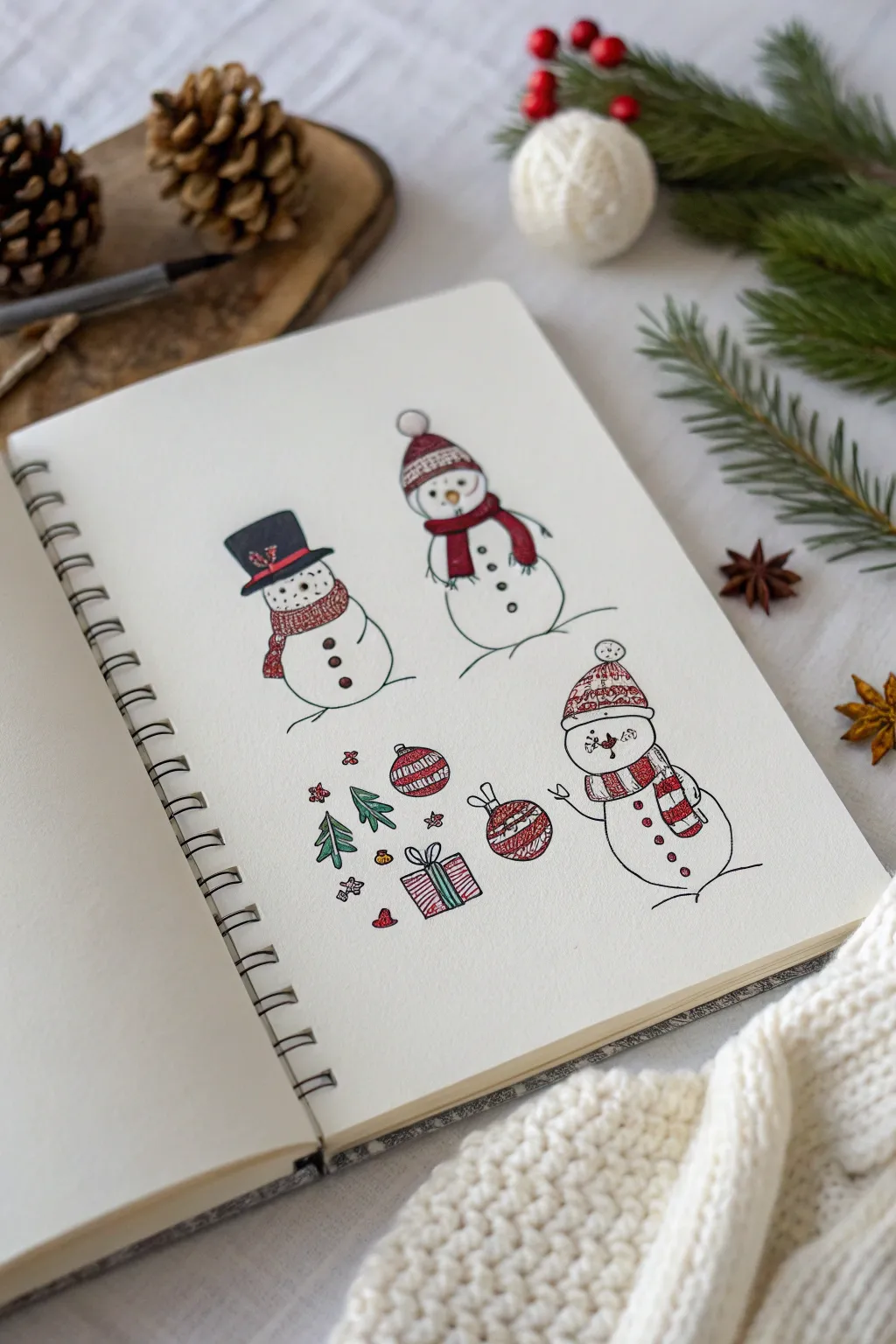 Snowmen doodles made easy: same body, fresh hats, scarves, and a cute accessory tray