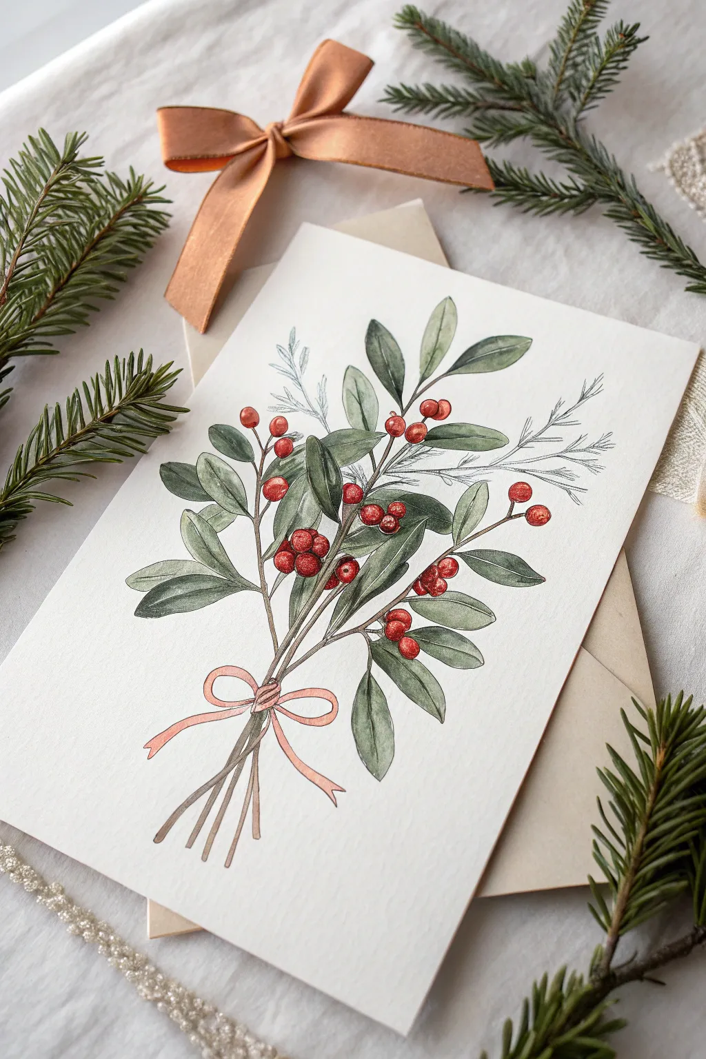Minimalist mistletoe bundle with bow drawing idea, easy to copy and beautifully festive