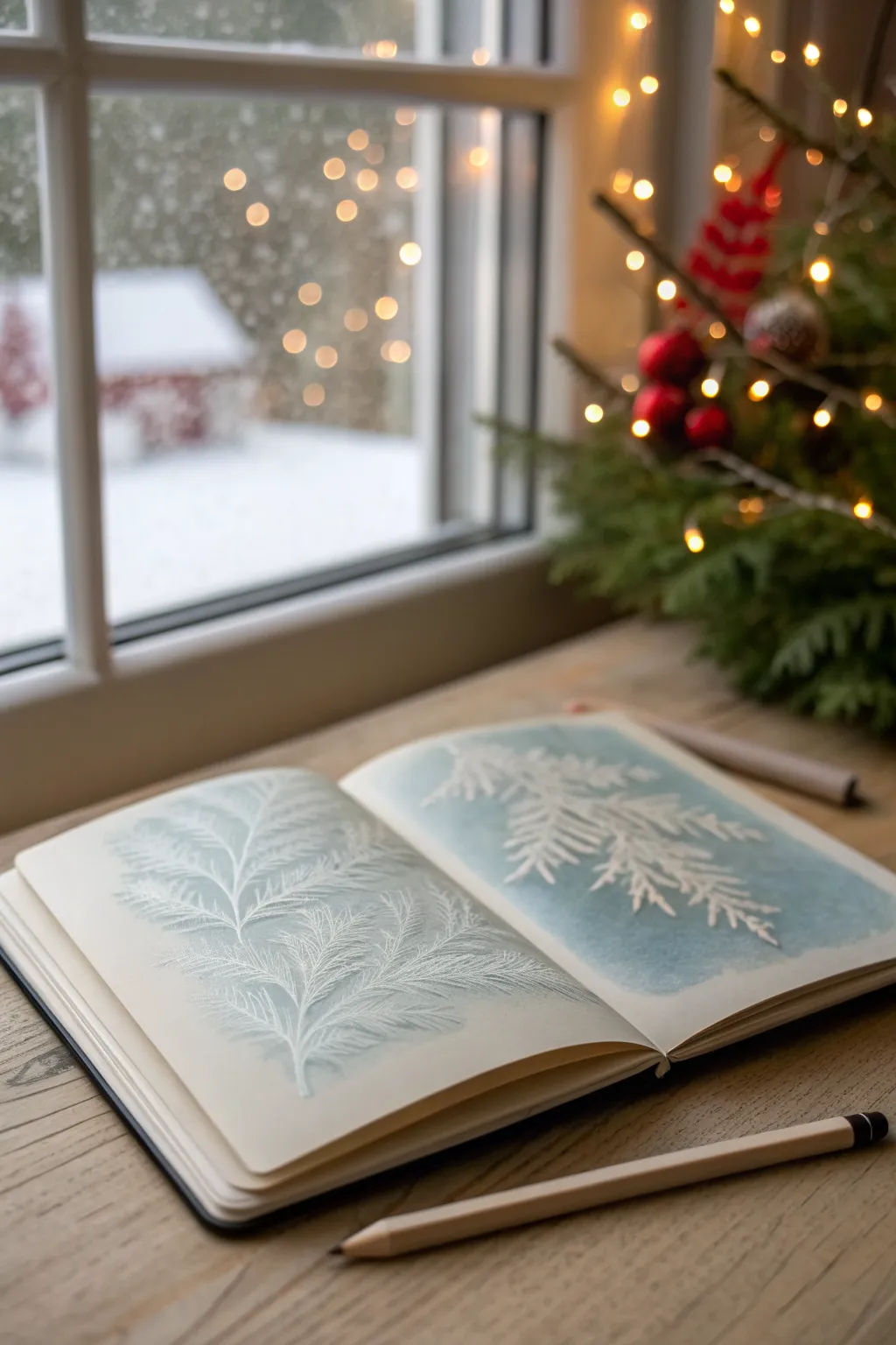 Cozy frosted window drawing idea with icy details and warm blurred Christmas lights beyond