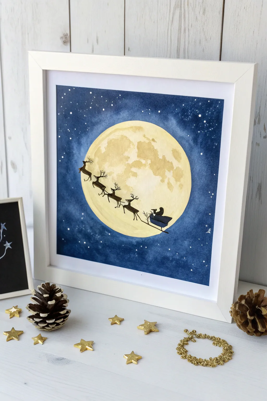 Easy Christmas painting idea: Santa sleigh silhouette gliding across a glowing winter moon