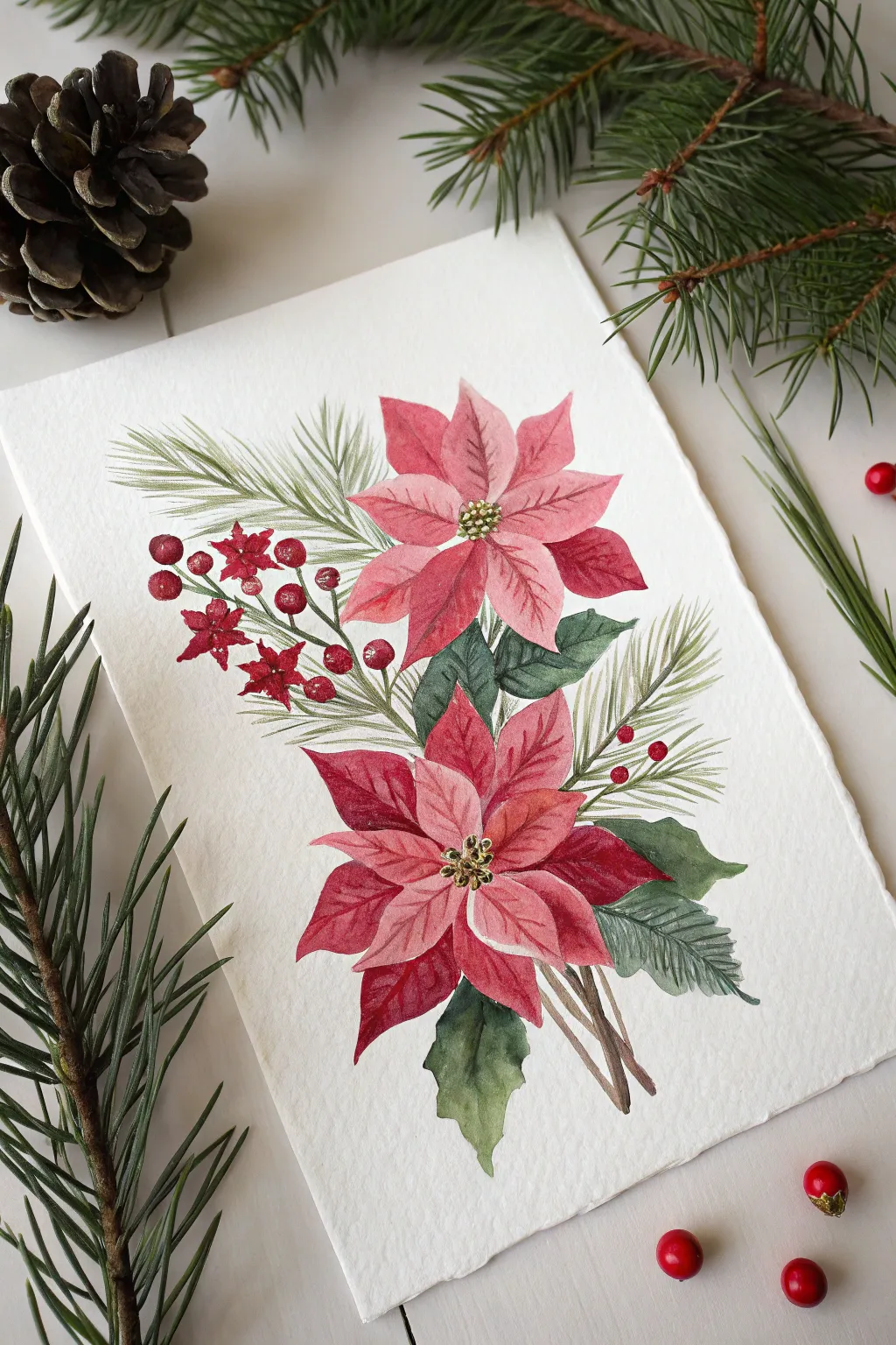 Bold poinsettias with pine sprigs and berries in a minimalist boho watercolor bouquet