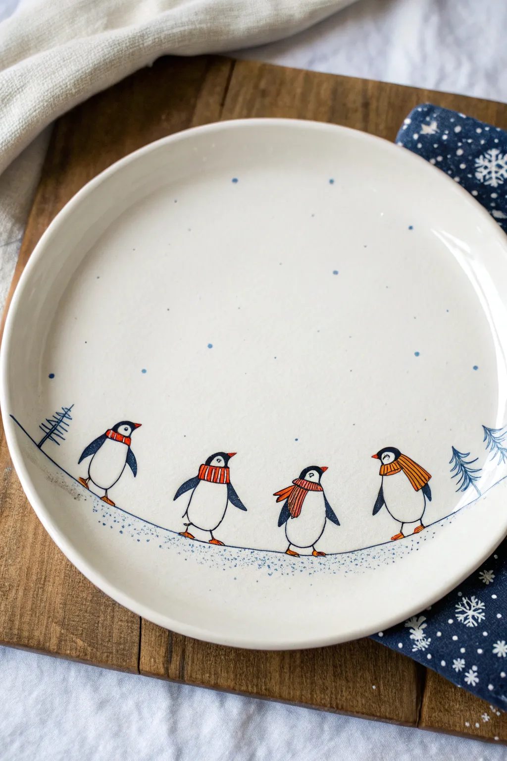 Minimalist penguin parade plate painting with bold scarf colors and snowy winter charm