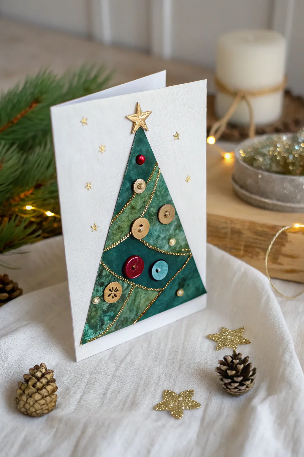 Scandi-boho Christmas tree art card with raised buttons and shimmering sequins in bold contrast.