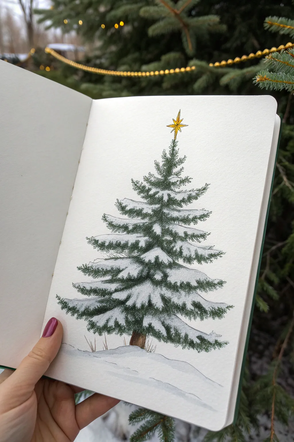 Snow-loaded Christmas tree drawing with crisp white highlights and a warm golden star glow.
