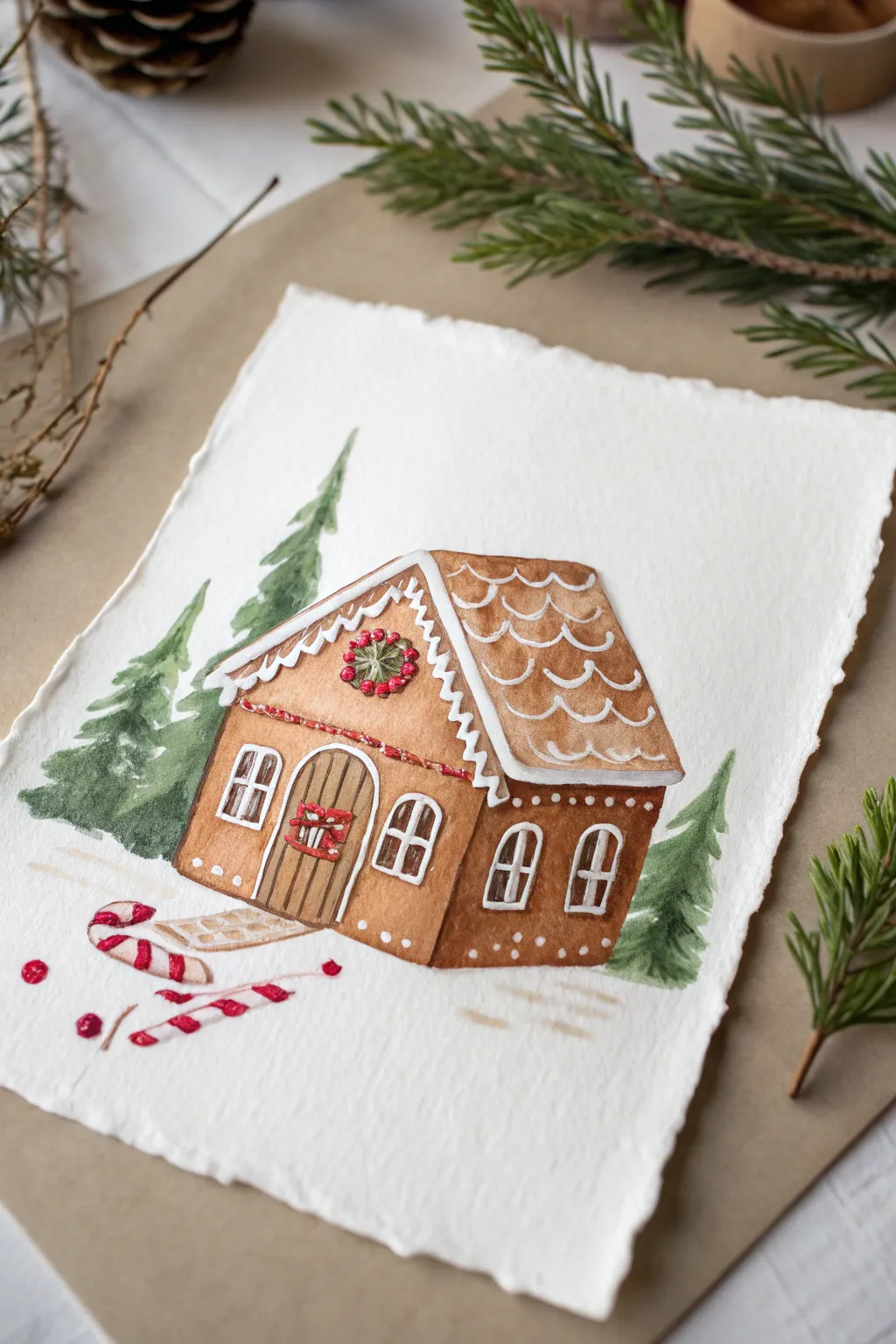Warm gingerbread house watercolor with crisp icing lines and candy dots, minimalist festive charm