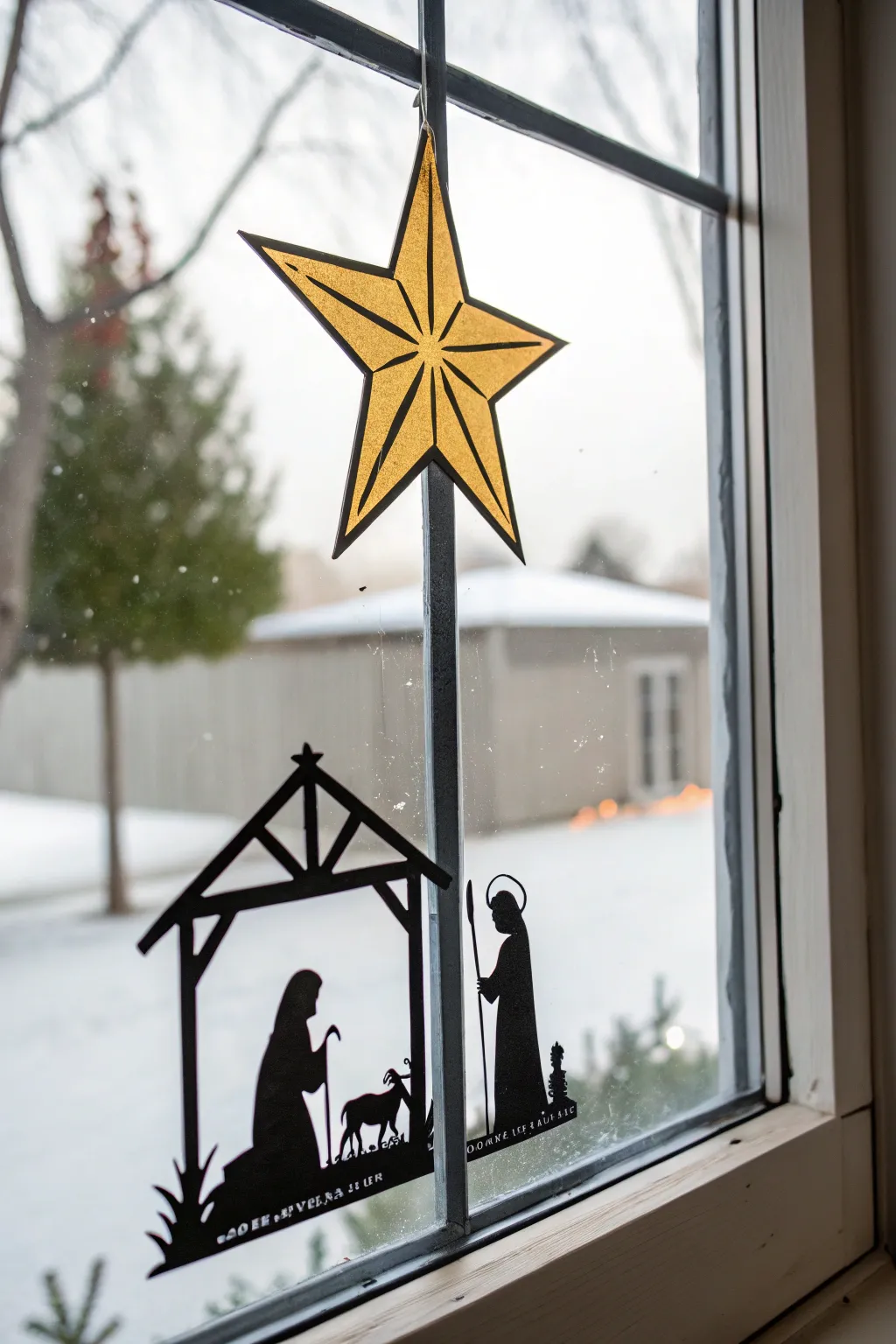 Minimal nativity window silhouette with radiant star, crisp lines, cozy Scandinavian boho vibe