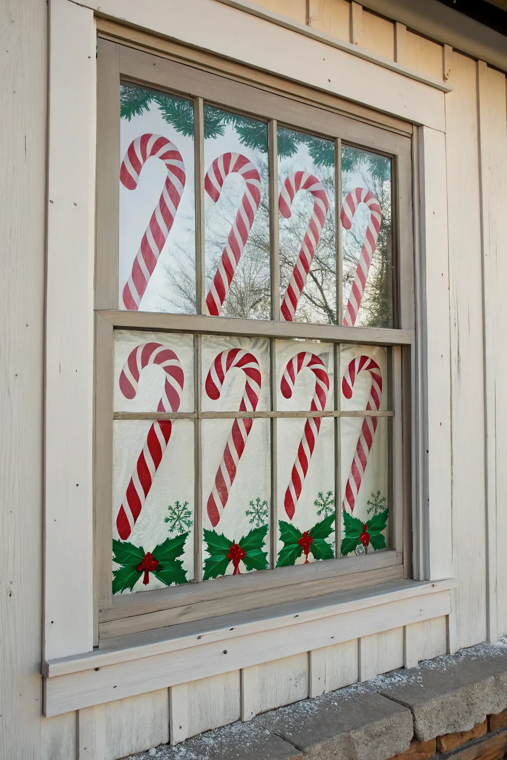 Candy cane diagonal stripes with tiny bows for an easy, festive Christmas window painting idea